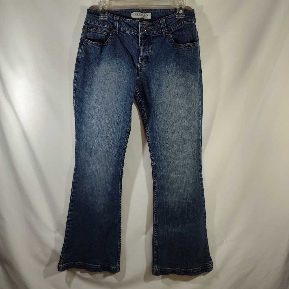 Maurices Y2K Low Rise, Flare Leg Blue Jeans Covered Button Fly, Split Hem Sz 7/8